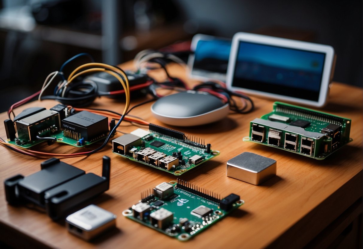 A Raspberry Pi connected to various smart home devices, such as lights, thermostat, and security cameras, with wires and components scattered around a workbench