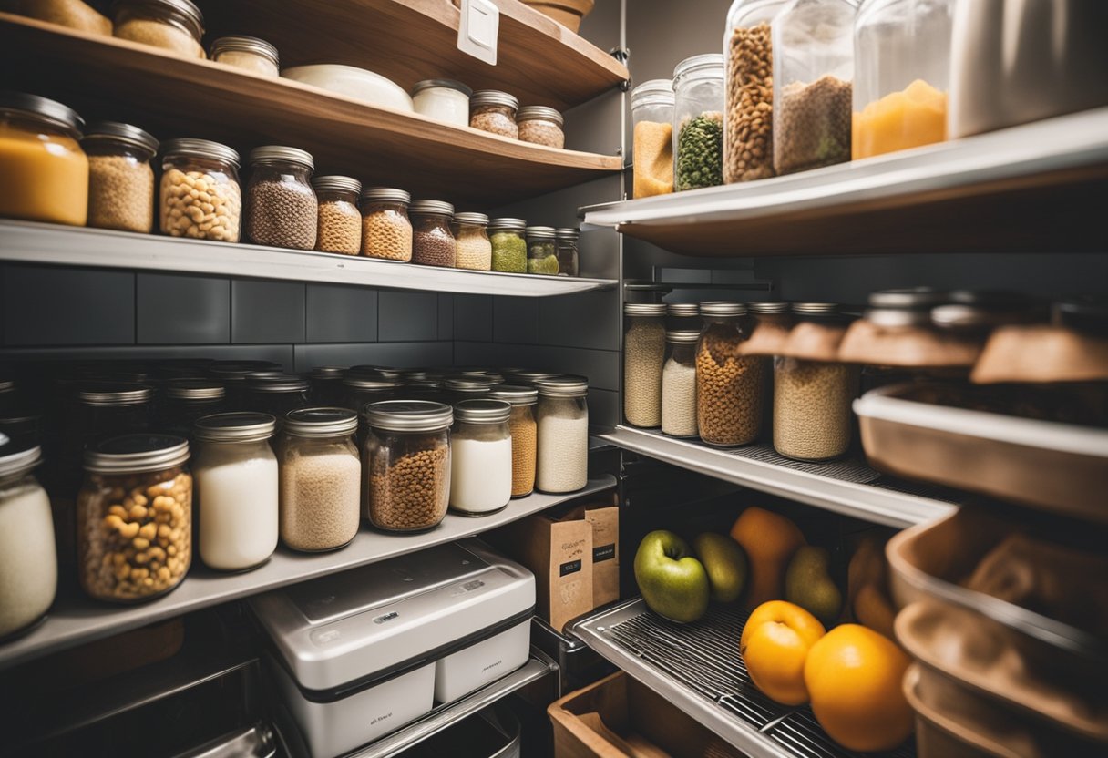 A well-stocked pantry with non-perishable food items, a refrigerator with fresh produce, and a clean kitchen with proper storage containers