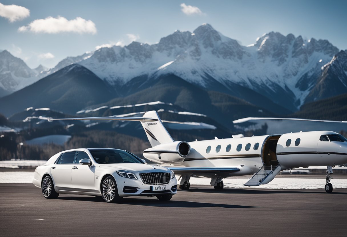 A private jet parked on a tarmac with snow-capped mountains in the background, surrounded by luxury cars and staff preparing for departure