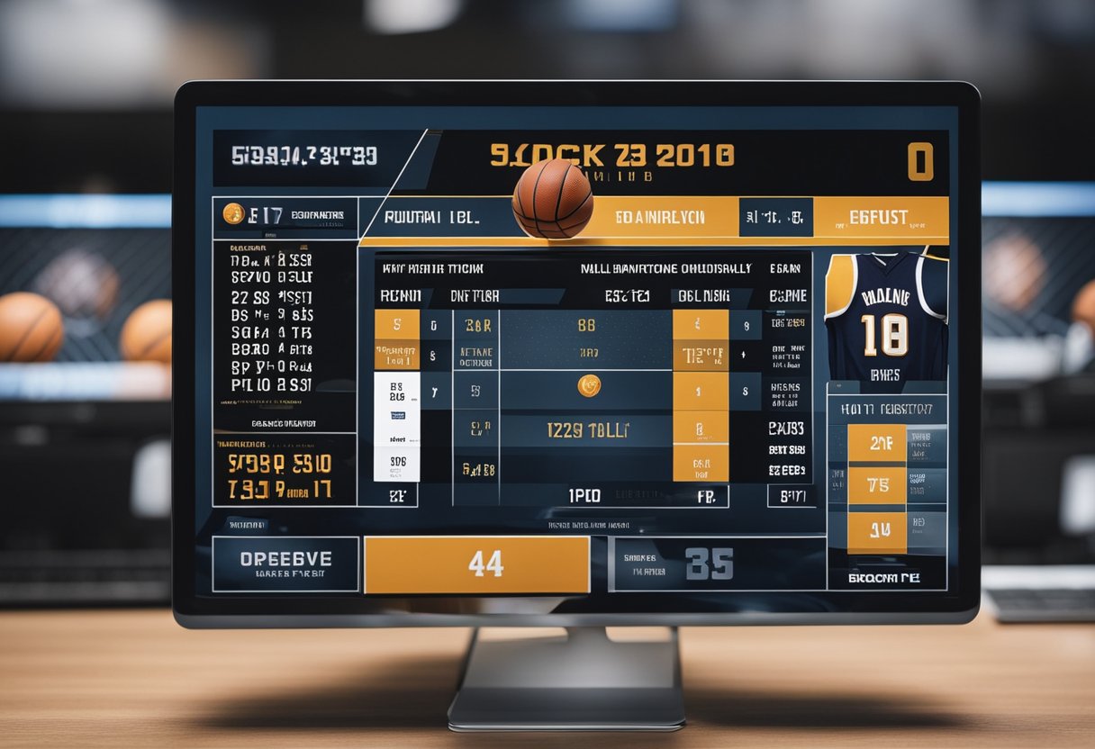 A basketball card being created with a photo of a player, team logo, and stats displayed on a computer screen with design software open