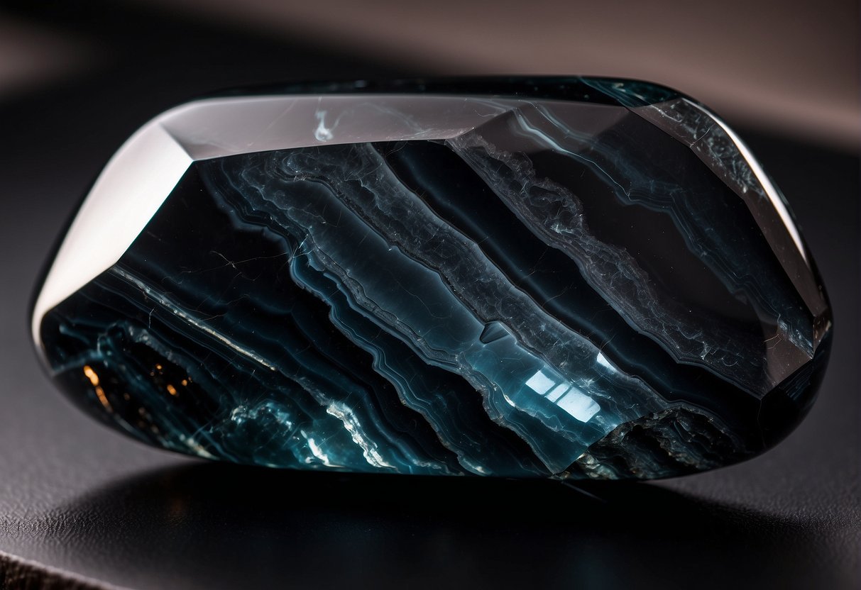 A dark, glossy obsidian stone reflects light with sharp edges and a smooth surface, creating a sense of depth and mystery