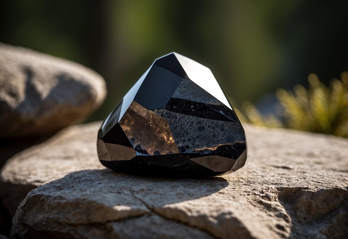 A large, smooth piece of obsidian sits on a rough stone surface, reflecting light with its dark, glassy surface