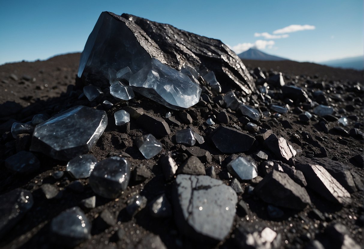 A volcanic eruption forms obsidian. It is a dark, glassy rock with sharp edges. Its properties include hardness, luster, and lack of crystal structure