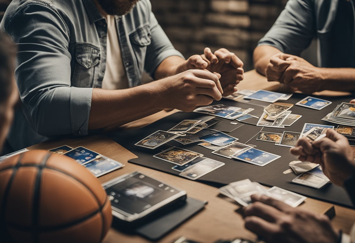 A group of people discussing and demonstrating the process of creating a basketball card, using various materials and tools