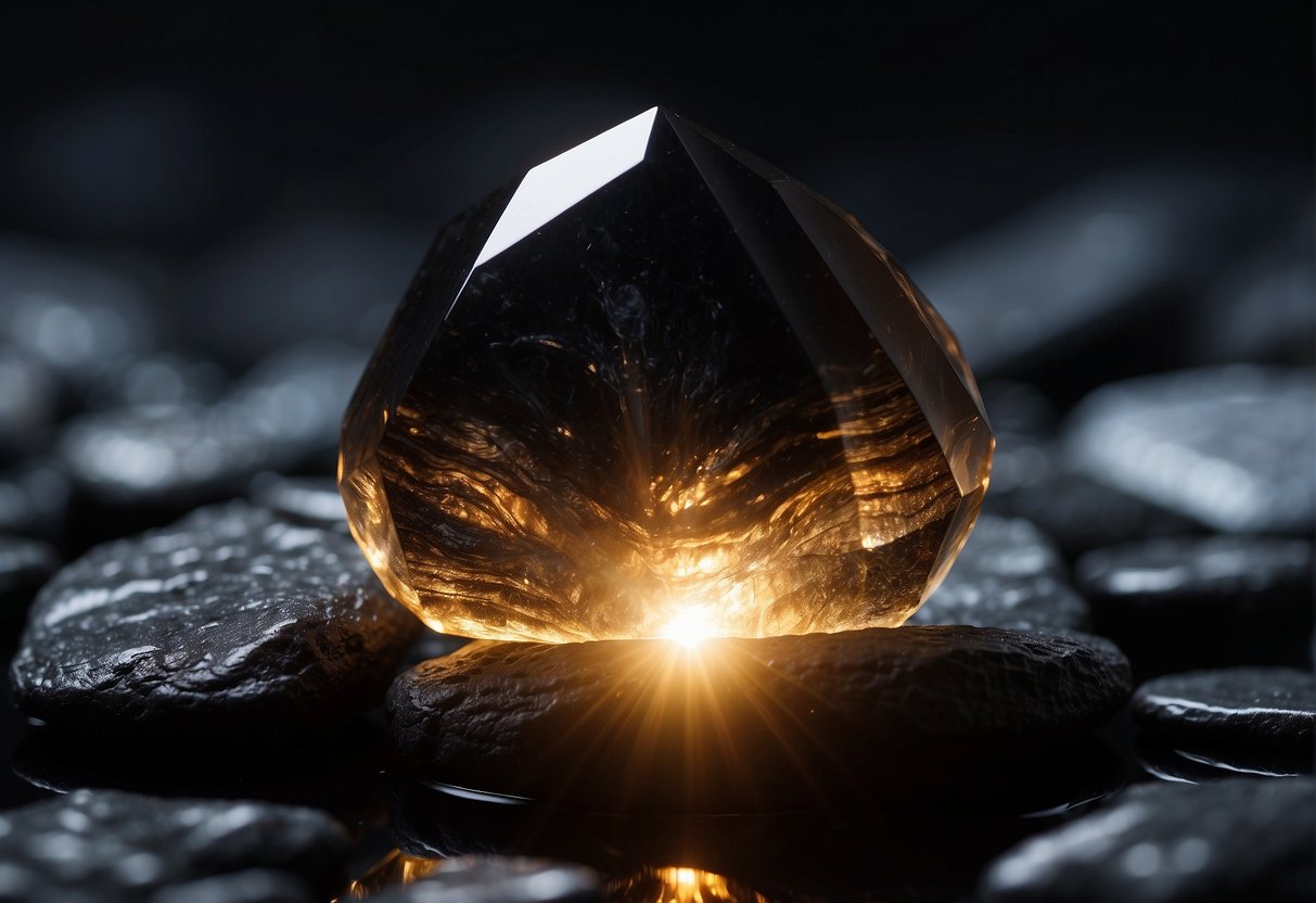 Ein Obsidianstein, der einen dunklen, reflektierenden Glanz ausstrahlt, von einem Heiligenschein aus Energie umgeben ist und ein Gefühl der Erdung und des Schutzes ausstrahlt