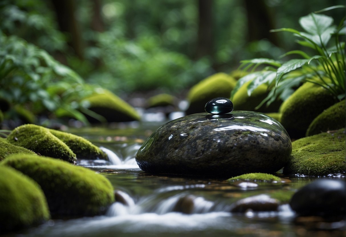 A serene setting with a flowing stream, lush greenery, and a prominent obsidian stone. The stone exudes a sense of healing energy, surrounded by soft light and a feeling of tranquility