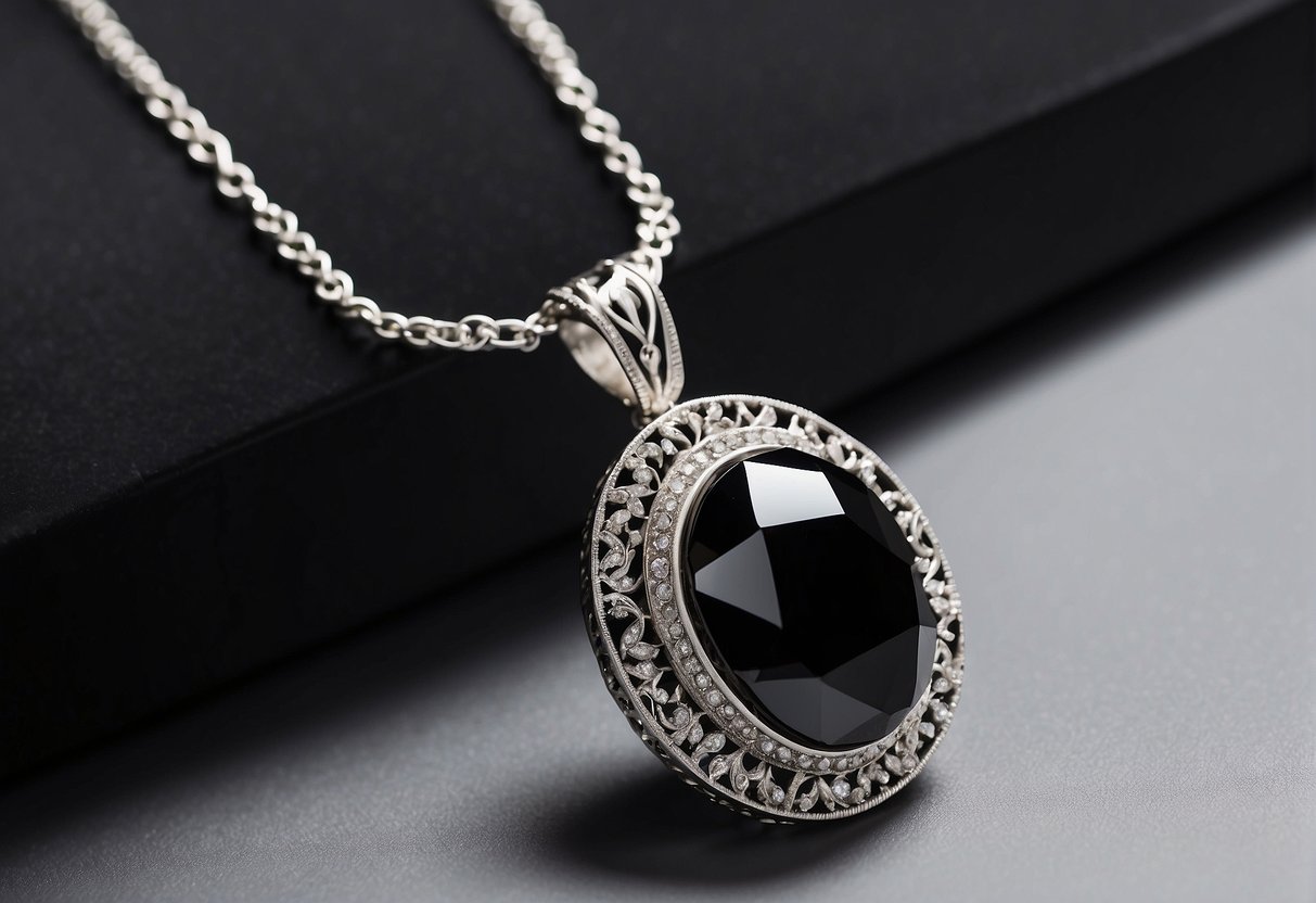 A gleaming obsidian pendant dangles from a silver chain, catching the light with its smooth, jet-black surface. Surrounding it are other ornate jewelry pieces, each showcasing the unique properties of this volcanic glass