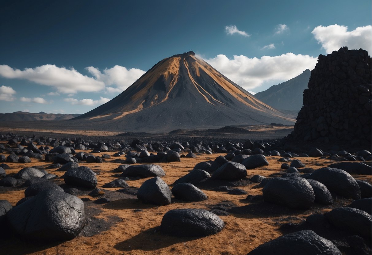 A volcanic landscape with obsidian formations, surrounded by ancient symbols and mythical creatures