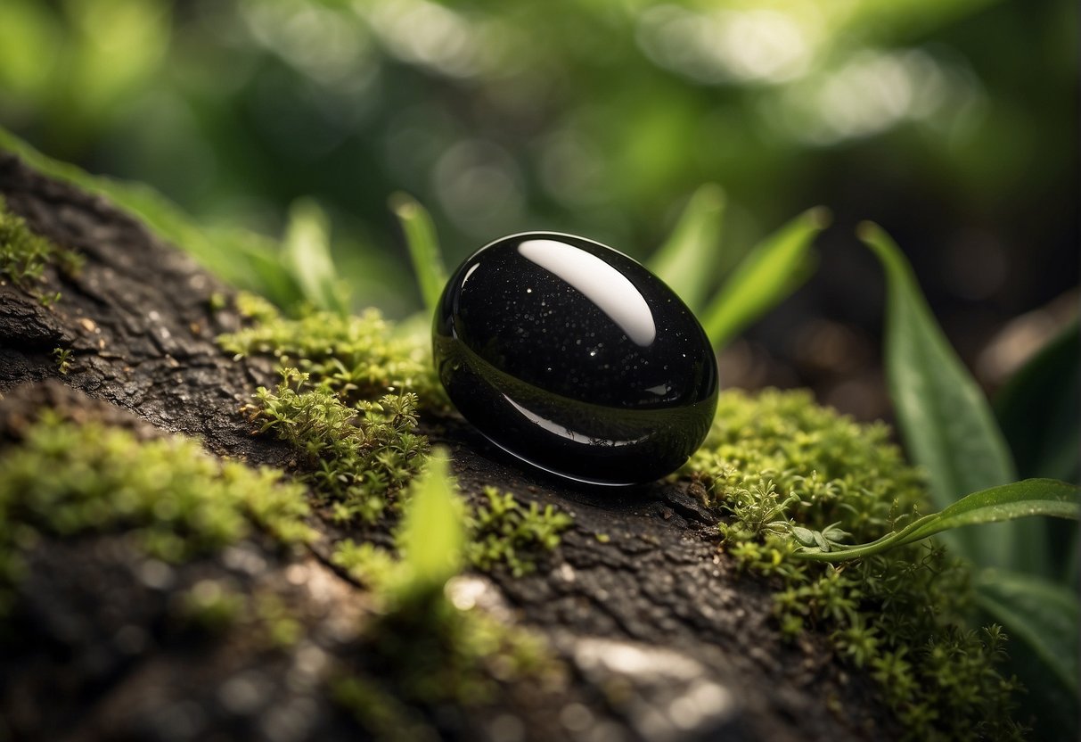 A single obsidian stone sits amidst lush greenery, its smooth surface reflecting the sunlight. Nearby, small shoots of new growth emerge from the earth, symbolizing personal growth and renewal