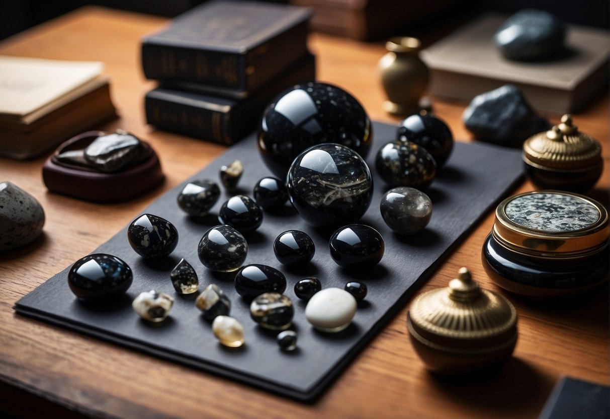 A table with various samples of obsidian, labeled with their properties and origins, surrounded by books and research materials