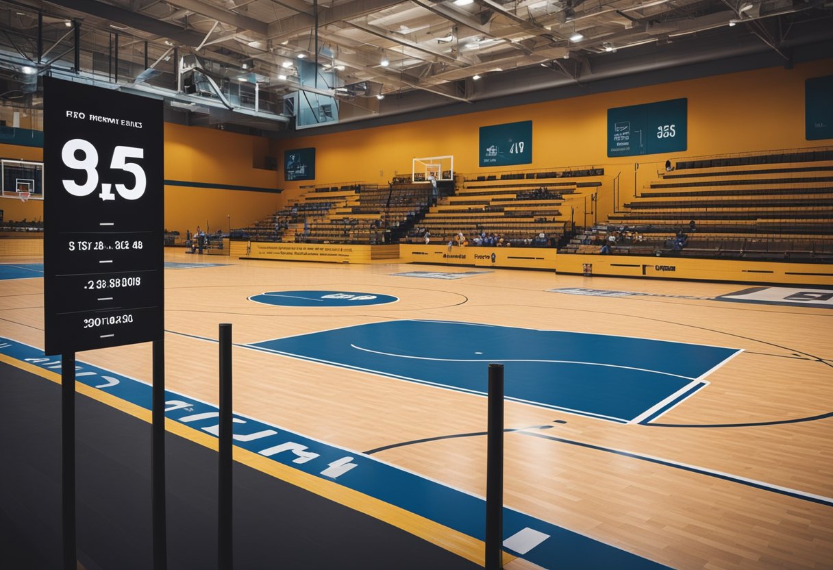 A basketball court with pricing information displayed on a sign