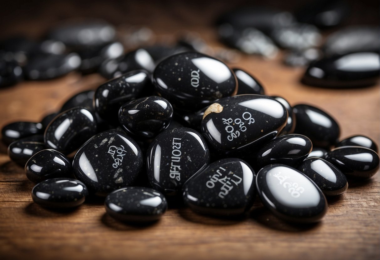 A pile of obsidian stones arranged neatly, with a sign reading "Frequently Asked Questions: Obsidian Properties" in front