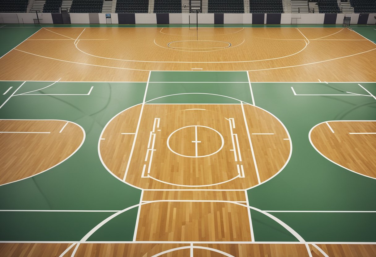 A basketball court with additional services and amenities, including rental cost information, is depicted in the scene