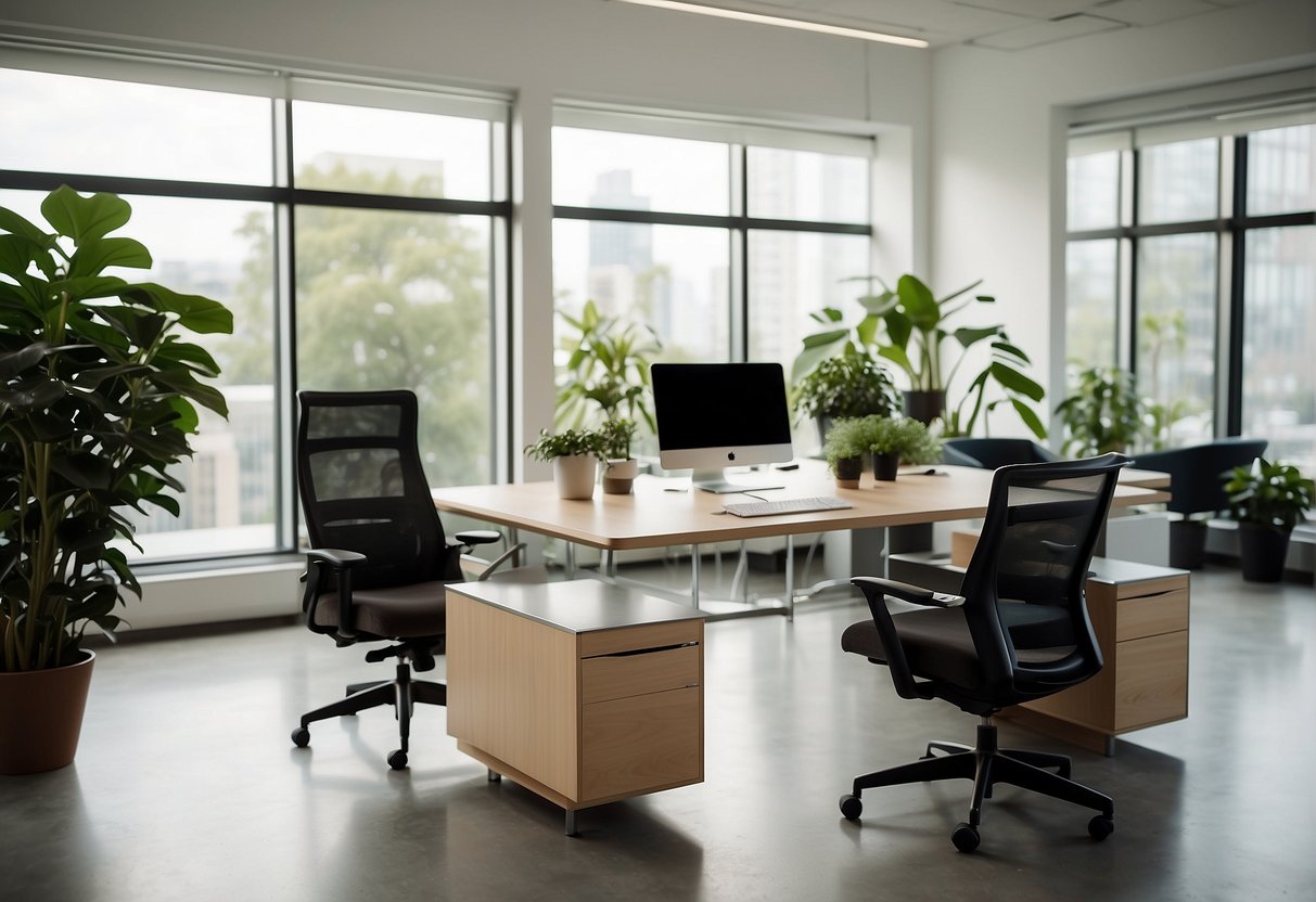 A serene office space with plants, natural light, ergonomic furniture, and a calm color palette, promoting a healthy and balanced work environment