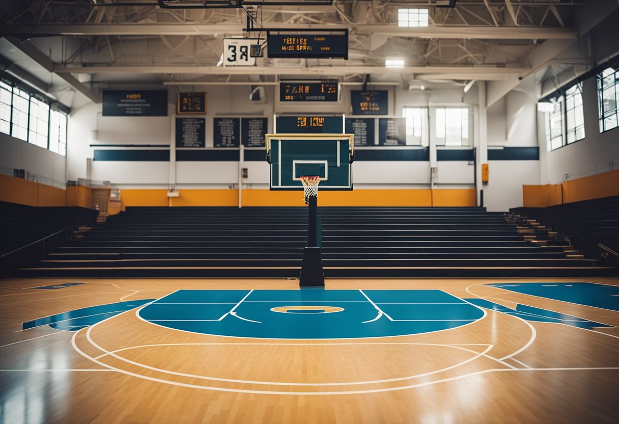 A basketball court with empty bleachers, a price list for court rental, and a sign displaying cost-saving tips