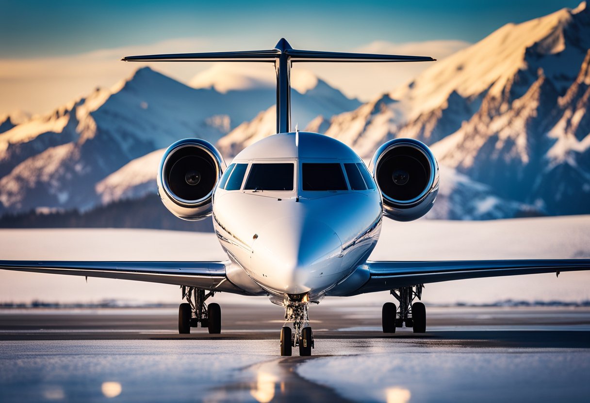 A private jet sits on the tarmac, ready for departure to Gstaad. The sun sets behind the snow-capped mountains, casting a warm glow on the luxurious aircraft