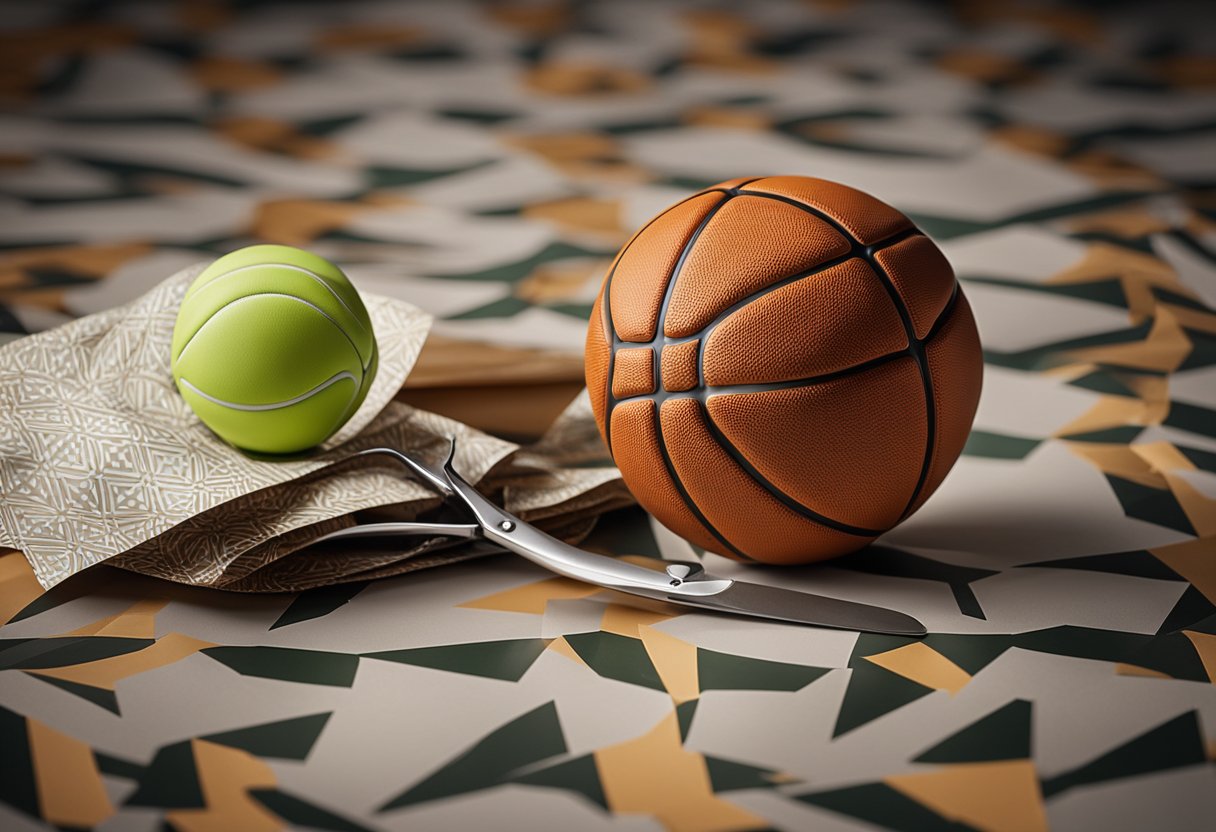 A basketball on a flat surface, with a roll of wrapping paper, scissors, and tape nearby