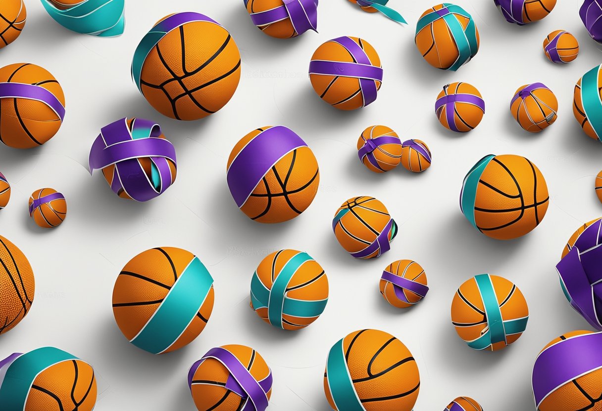 A basketball being wrapped in colorful paper and ribbon using various folding and tucking techniques
