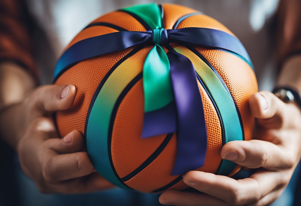 A pair of hands wraps a basketball with colorful paper and ties it with a bow