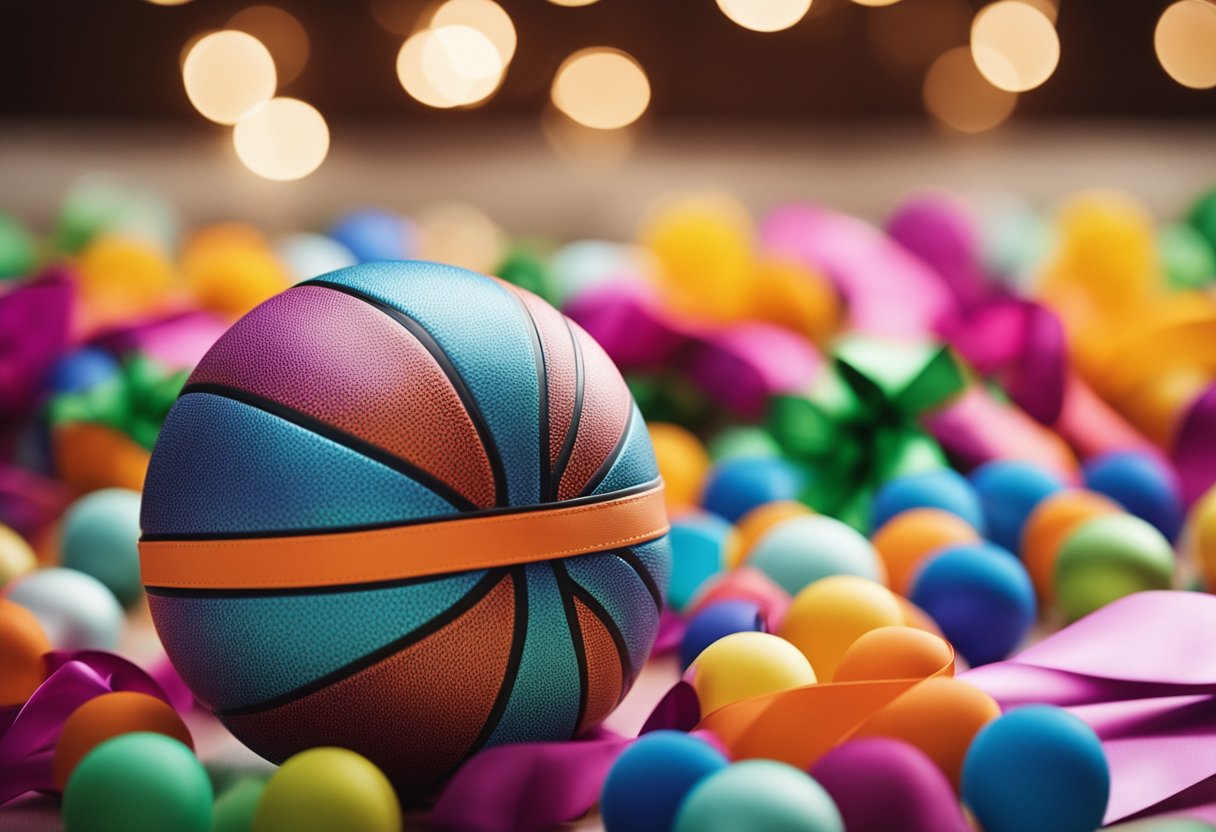 A basketball being wrapped in colorful, patterned paper with a festive bow on top