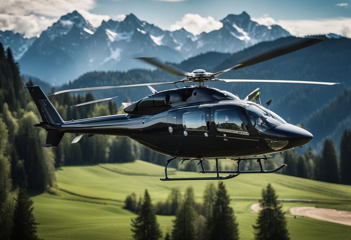 A helicopter flies over mountains to Gstaad, followed by a private jet landing in the picturesque destination