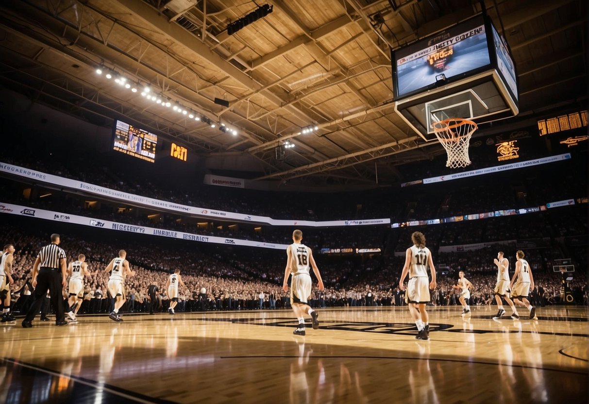 Fans cheering in a packed arena as Purdue Basketball players dribble down the court, aiming for the hoop. The scoreboard lights up with each score, creating an electrifying atmosphere