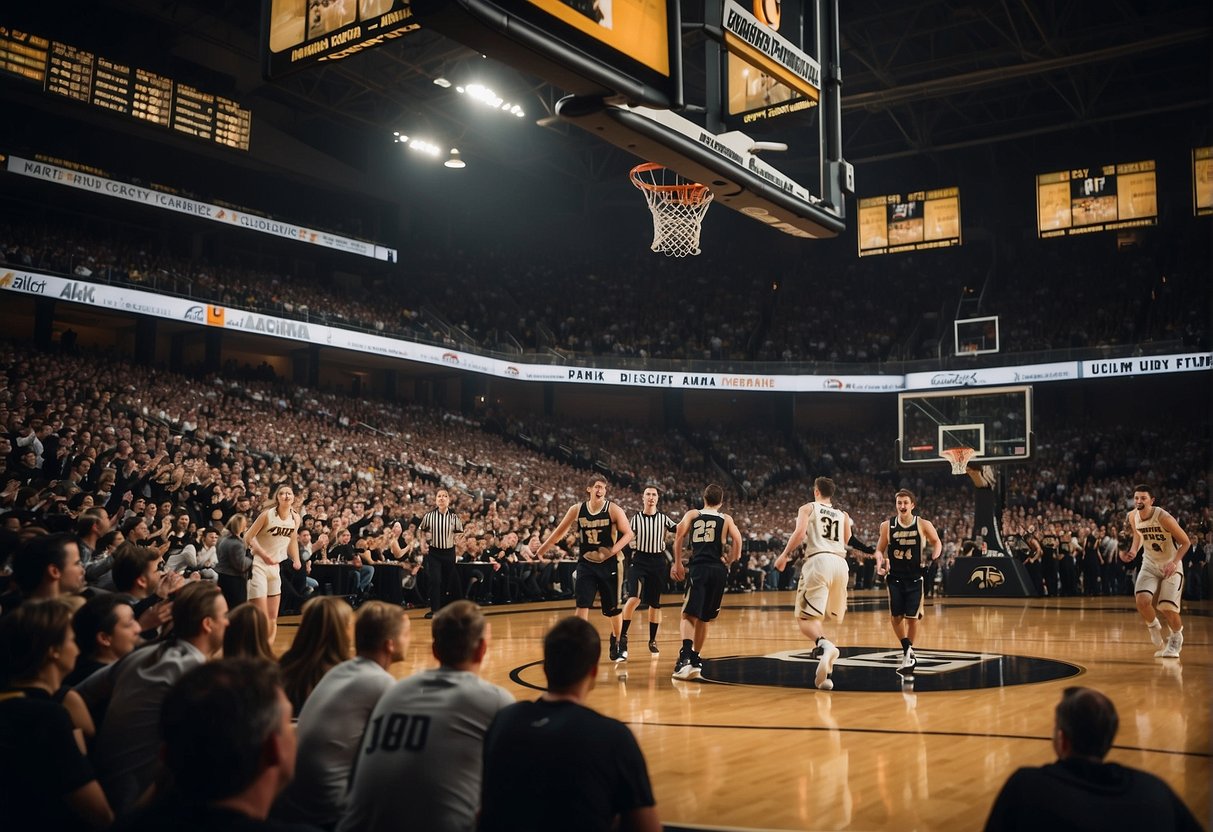 Purdue basketball game on TV with fans cheering, team in action, and scoreboard visible