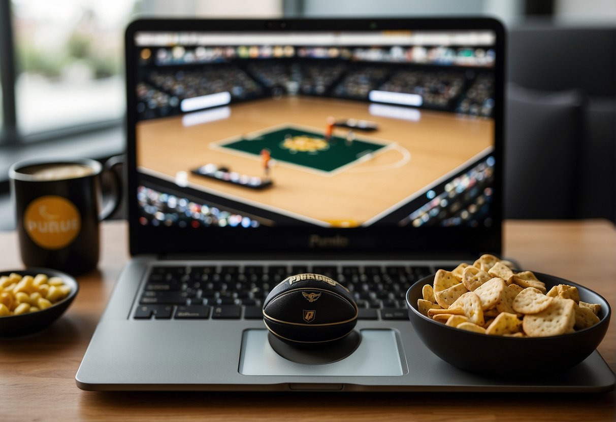 A laptop displaying Purdue basketball game streaming options on a desk with a remote control and a bowl of snacks nearby