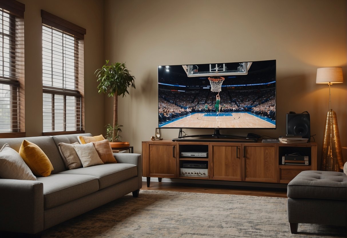 A living room with a large flat screen TV showing a Purdue basketball game, surrounded by streaming devices and a cozy seating area for cord-cutters