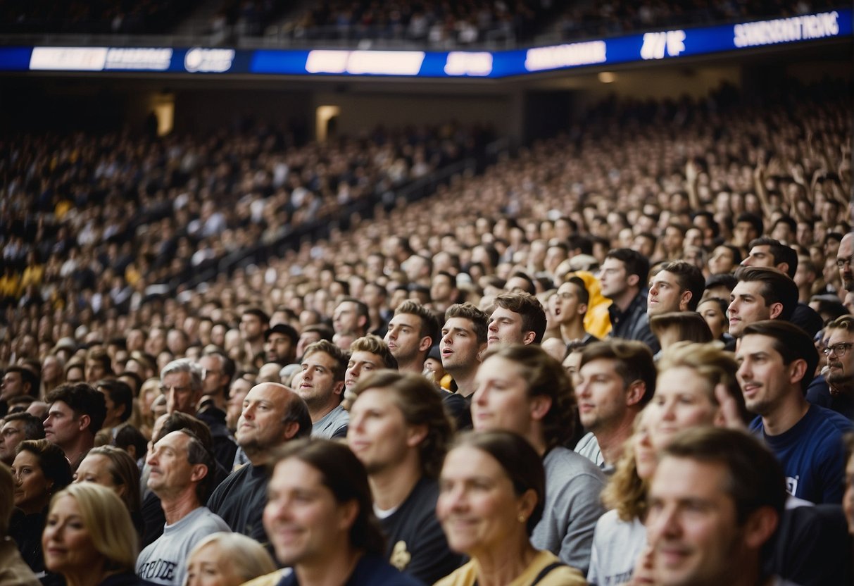 Fans cheering in a packed stadium, Purdue basketball team facing off against their rival. The players dribbling, passing, and shooting as the crowd watches intently