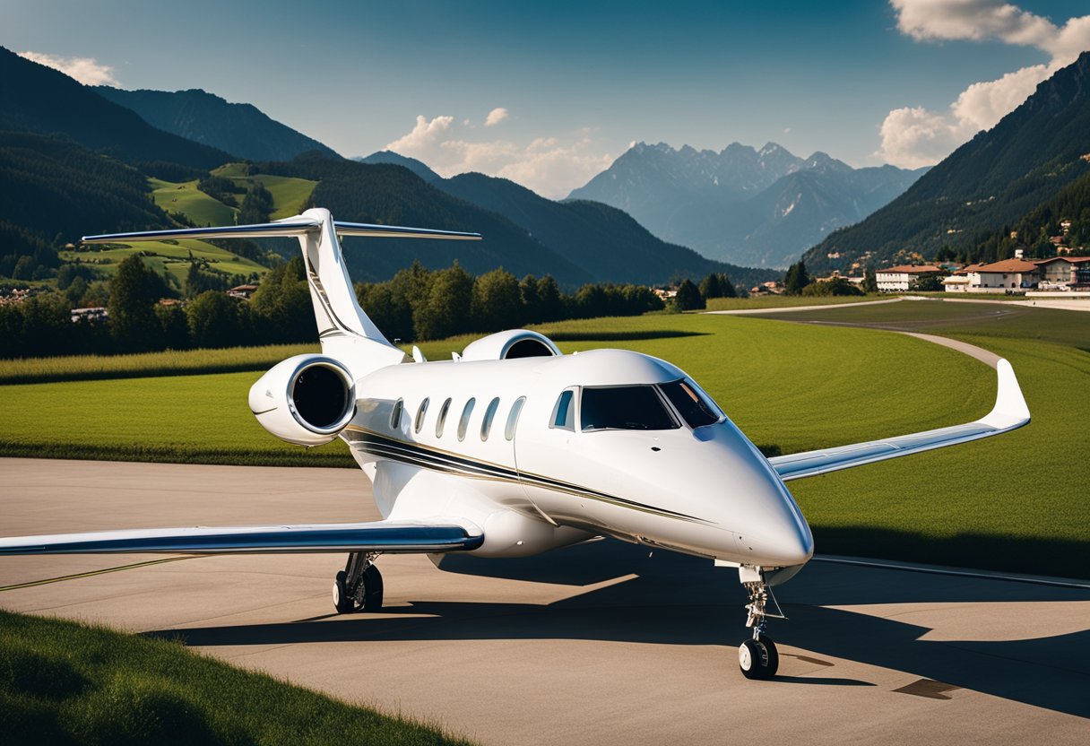 A private jet lands at Bolzano Airport, surrounded by mountainous terrain and lush greenery