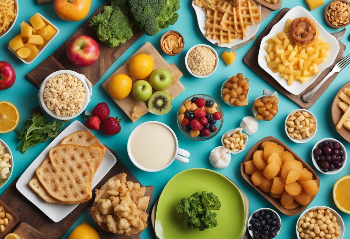 How to Trick Your Brain to Not Be Hungry: A table set with healthy, colorful foods. A brain with a puzzled expression. A thought bubble with junk food crossed out