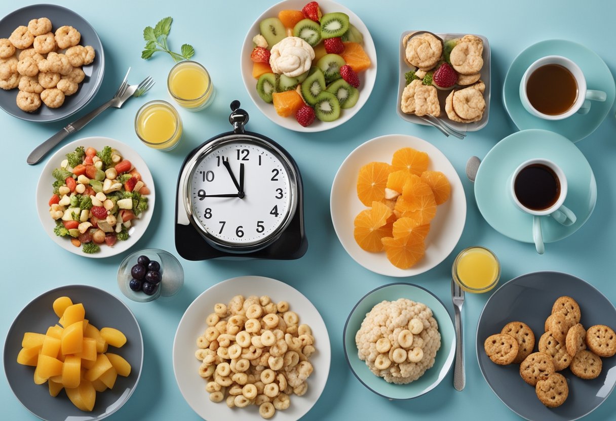 How to Trick Your Brain to Not Be Hungry: A table set with small, colorful plates of healthy snacks. A clock showing regular meal times. A brain with a thought bubble of a full stomach