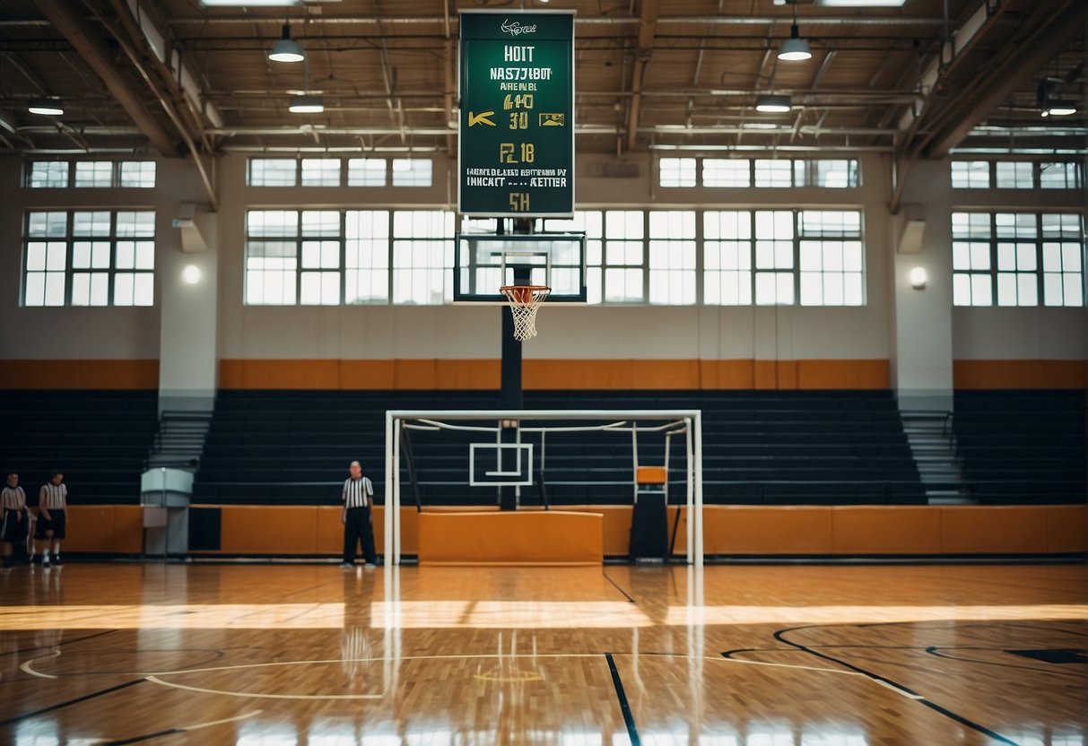 A basketball court with a hoop, scoreboard, and college banners. A student-athlete in uniform practices shooting while a coach watches