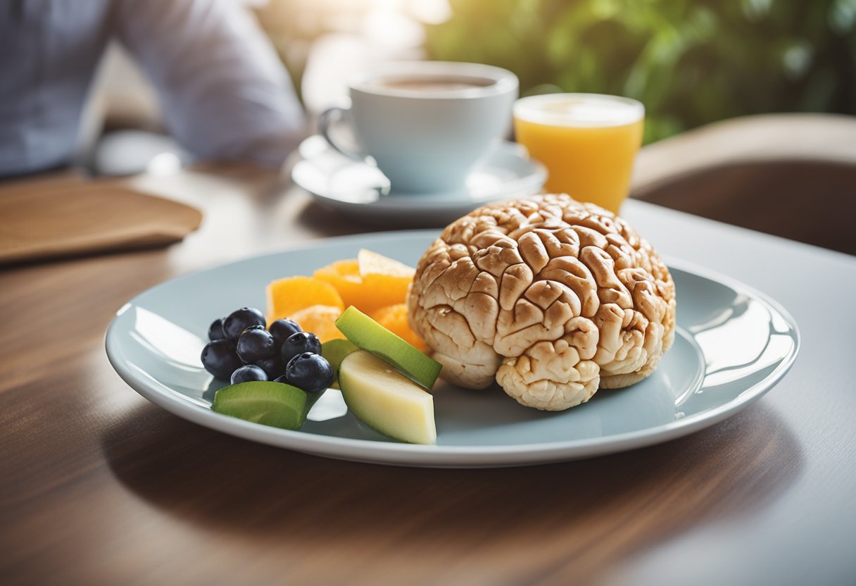 How to Trick Your Brain to Not Be Hungry: A glass of water and a plate of healthy snacks sit on a table, surrounded by images of a satisfied brain and a suppressed appetite