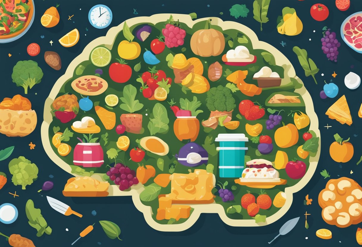 How to Trick Your Brain to Not Be Hungry: A table filled with colorful, nutrient-rich foods. A brain with a puzzled look, surrounded by question marks. An arrow pointing from the food to the brain, symbolizing the trick to curb hunger