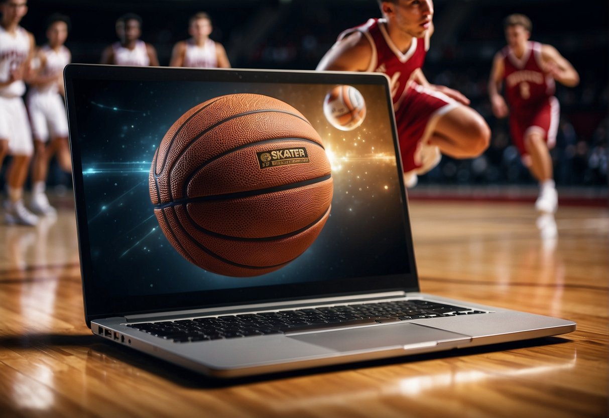 A basketball player dribbles and shoots while coaches watch. Posters and banners display achievements and statistics. A laptop shows highlight reels and academic records