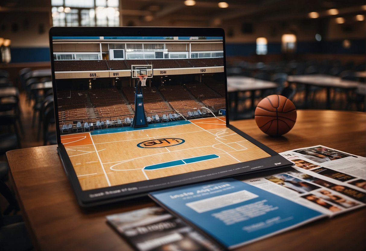 A basketball court with a player practicing alone, surrounded by college brochures and scholarship offers