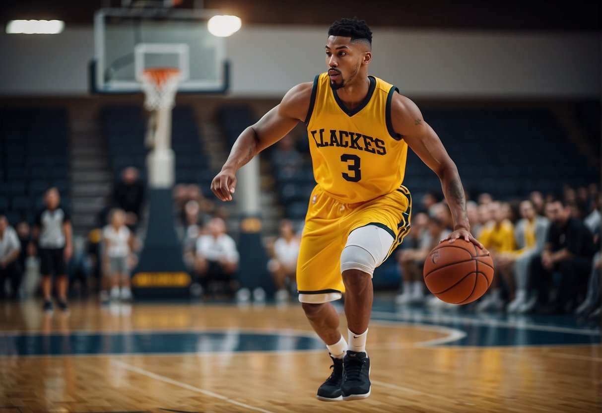 A basketball player dribbles down the court, practicing layups and jump shots. Coaches watch from the sidelines, evaluating talent for college recruitment