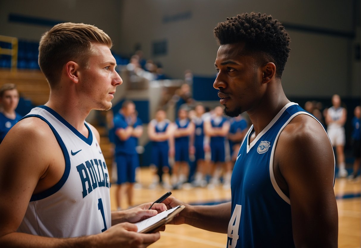 A college basketball coach speaks to a high school player about the recruitment process, while the player listens attentively and takes notes