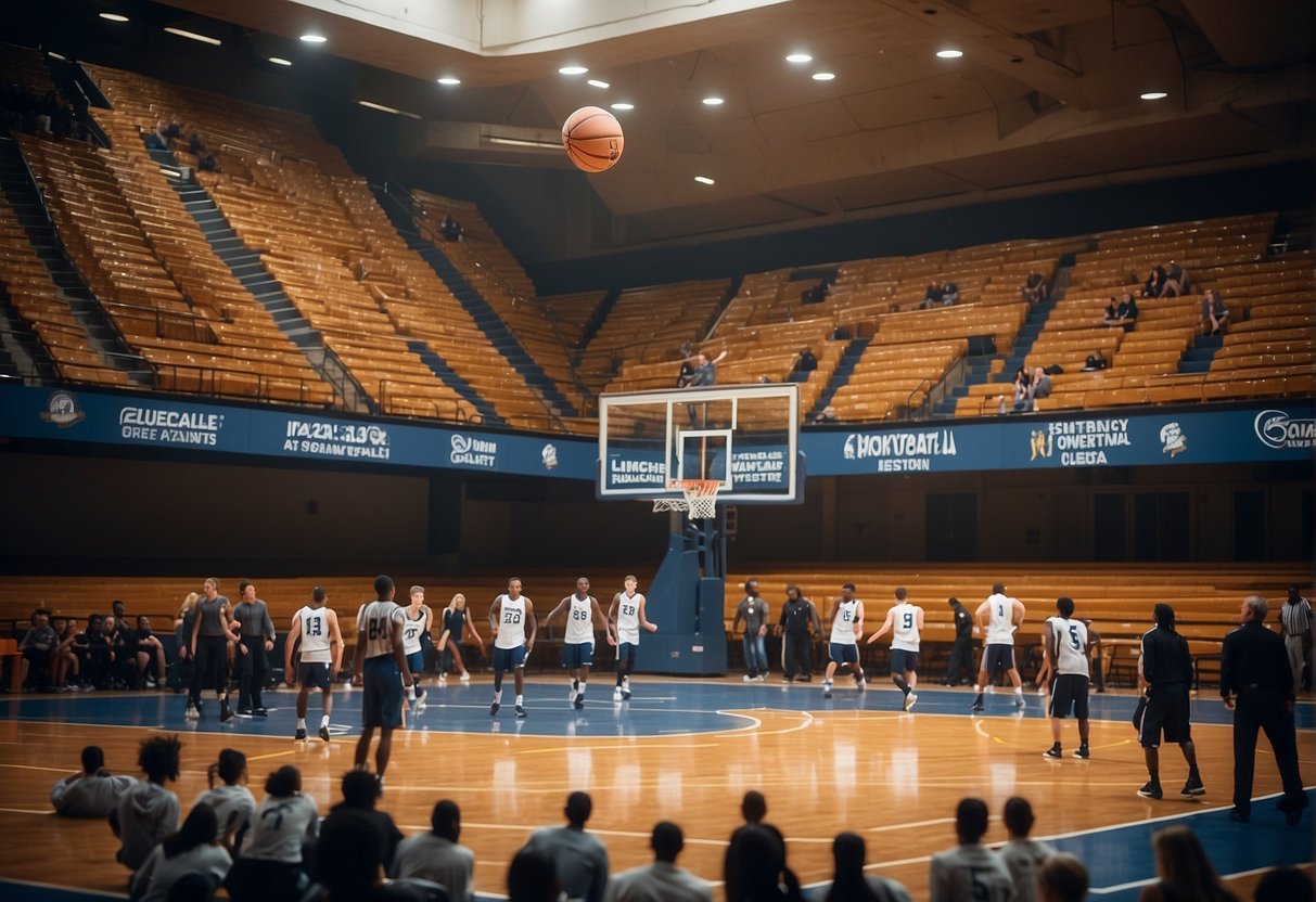 A basketball court with a college team practicing, coaches evaluating players, and a banner displaying "Scholarships and Financial Aid Available."