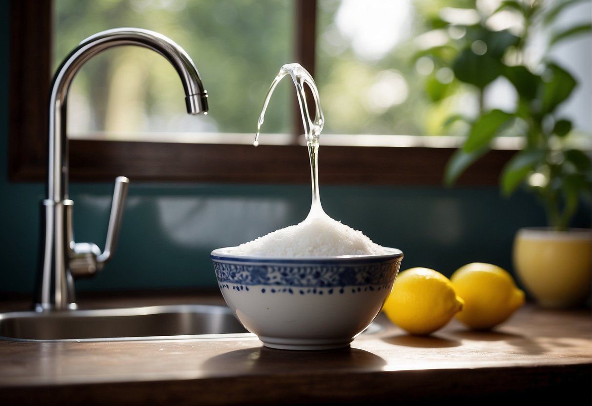 A small bowl with a mixture of baking soda and lemon juice, a soft cloth, and a sink with running water