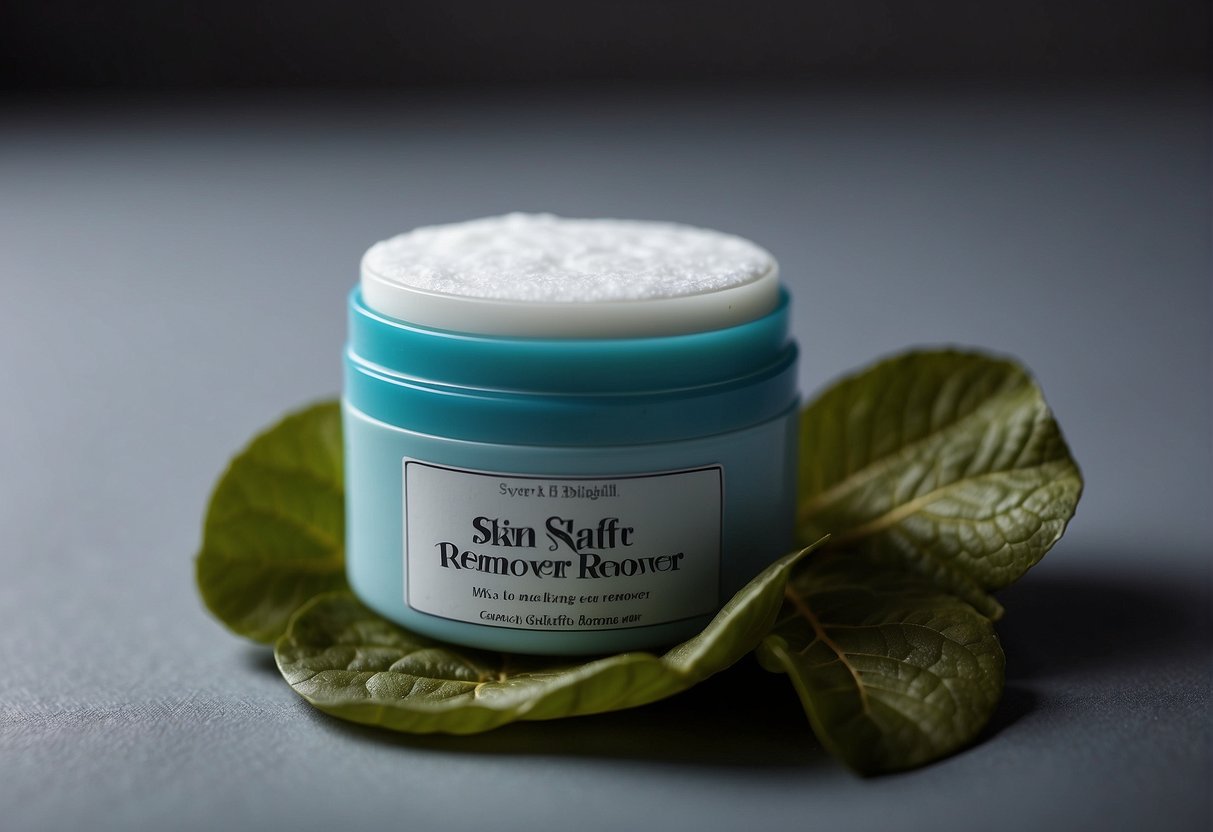 A bottle of skin-safe remover, a cotton pad, and a stained area of skin being gently wiped clean