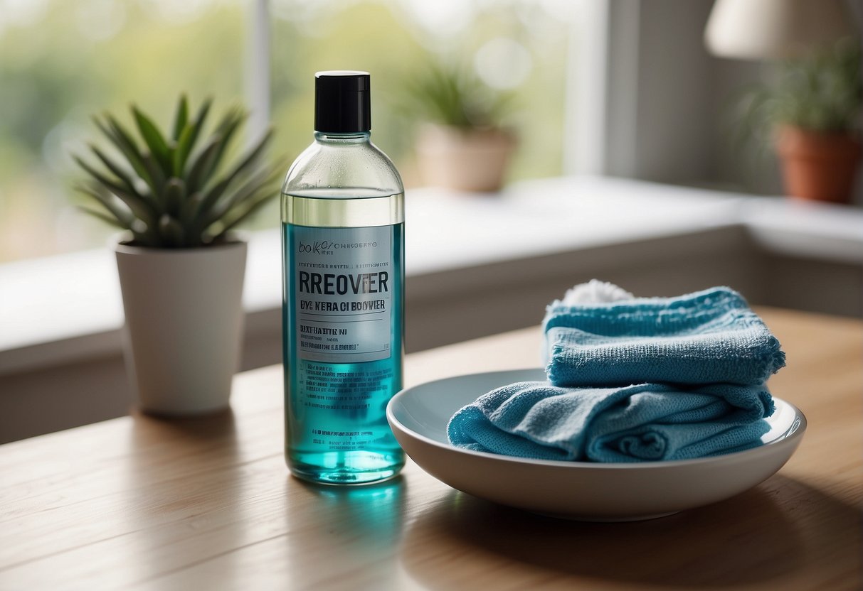 A bottle of dye remover sits next to a bowl of water and a soft cloth on a clean, well-lit surface
