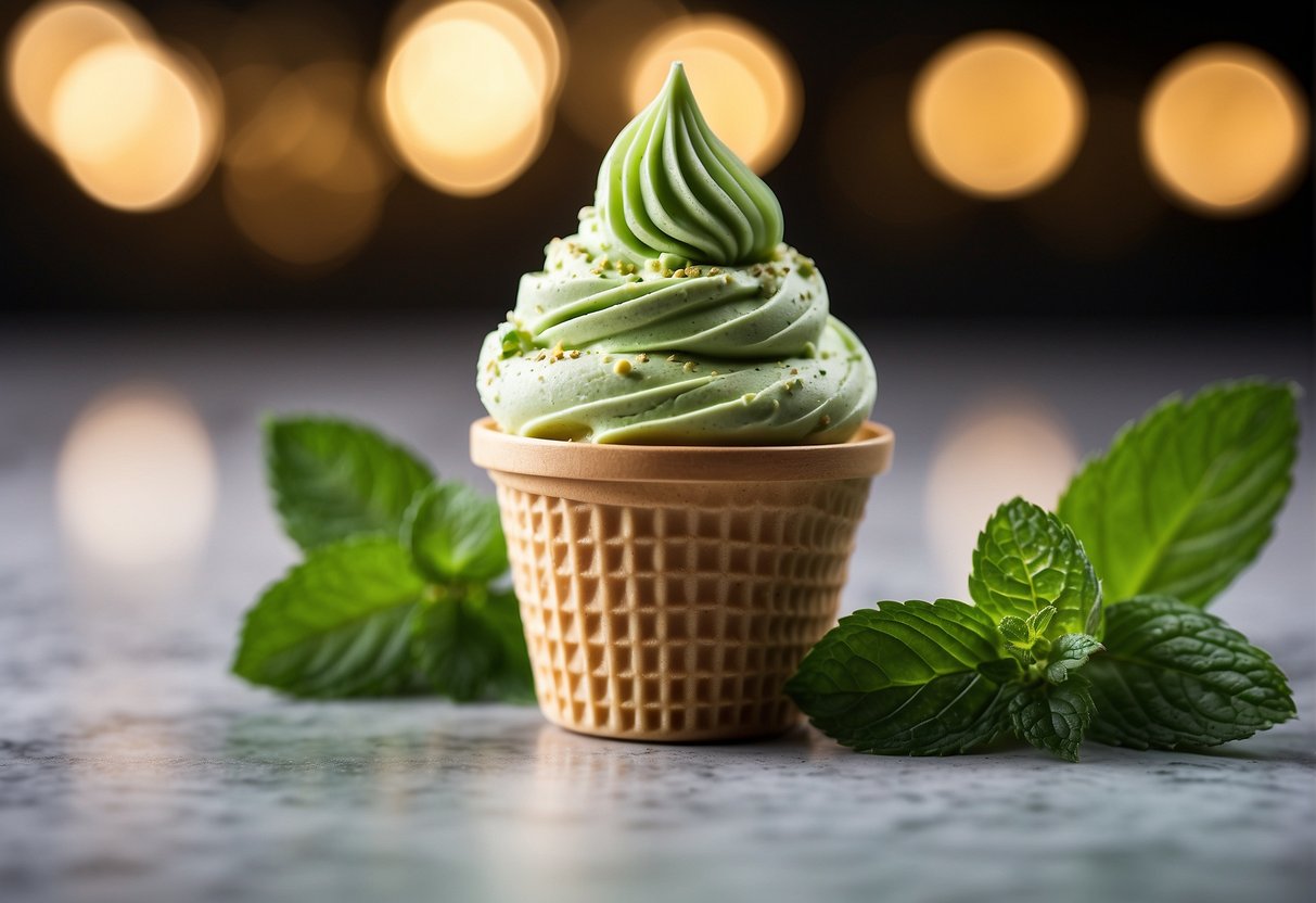 A creamy green scoop of keto matcha ice cream sits on a cone, garnished with a sprinkle of matcha powder and a fresh mint leaf