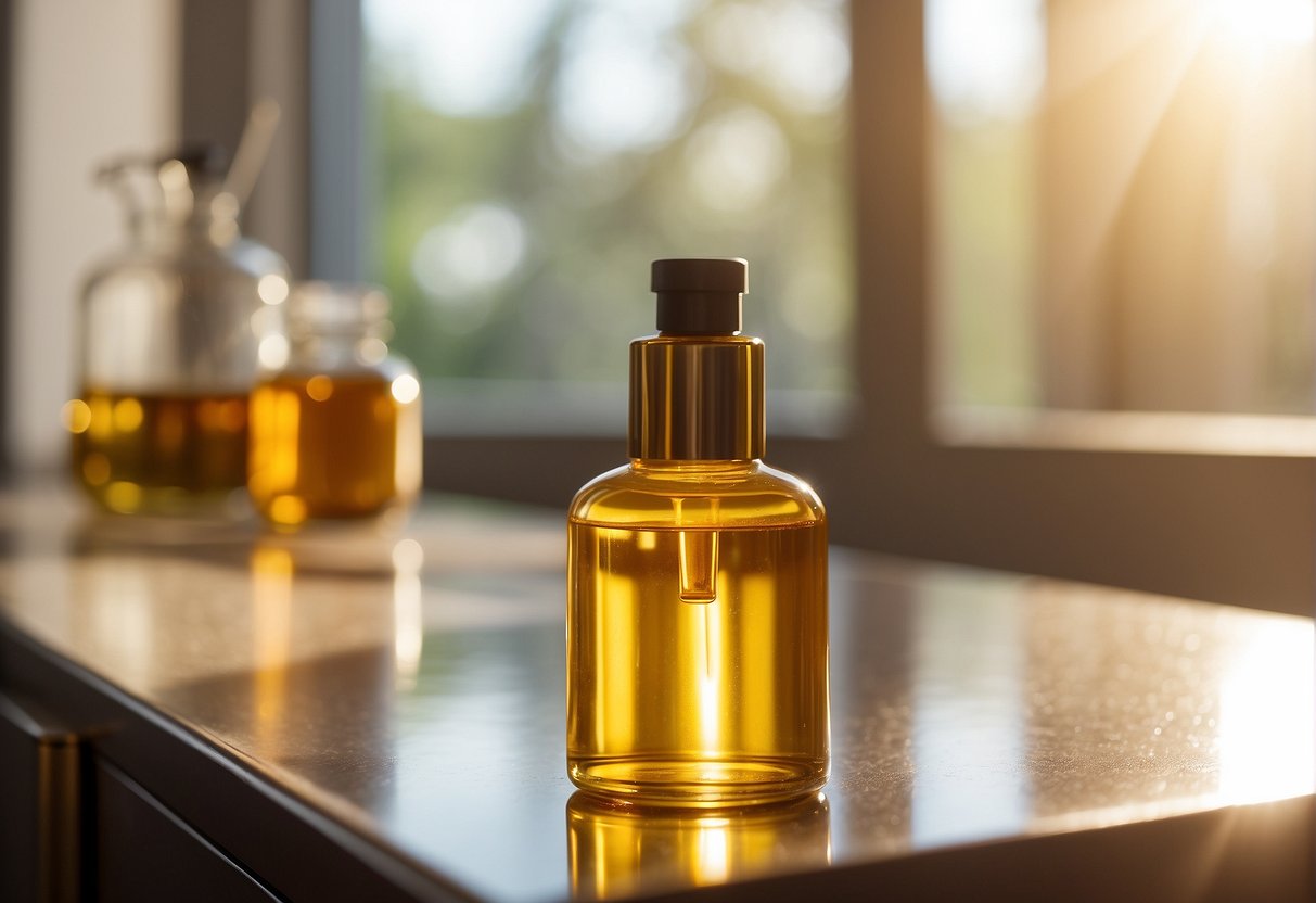 A bottle of vitamin E oil sits on a bathroom counter. Sunlight streams through a window, highlighting the golden liquid inside the clear glass bottle