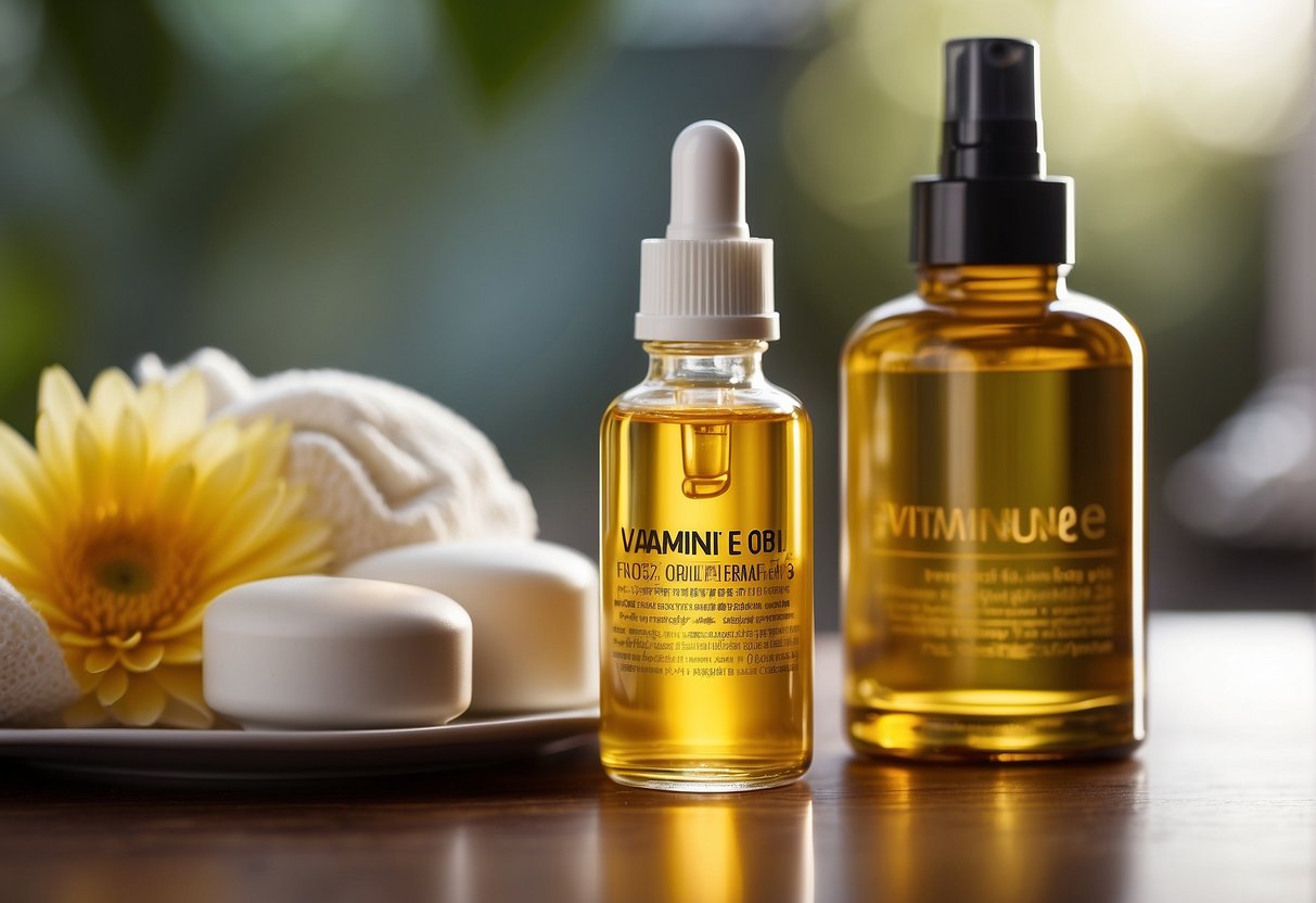 A bottle of vitamin E oil sits on a table, surrounded by various skincare products. The label on the bottle prominently displays the benefits and properties of vitamin E for the skin
