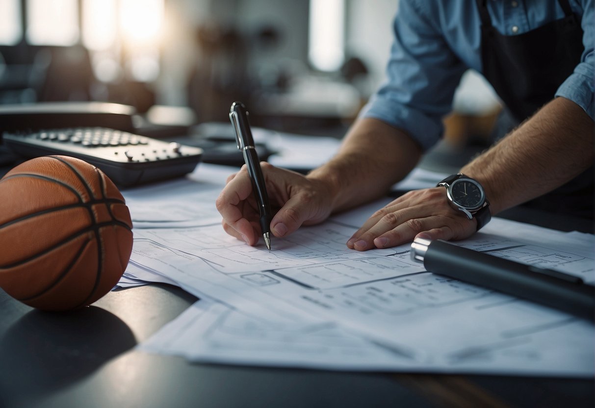 An architect calculates costs for a basketball gym. Blueprints, materials, and labor are considered