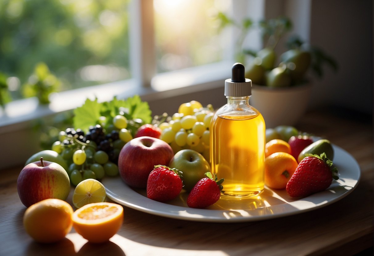 A bowl of colorful fruits and vegetables, a bottle of vitamin E oil, and a jar of moisturizer on a table. The sunlight streaming through a window highlights the products