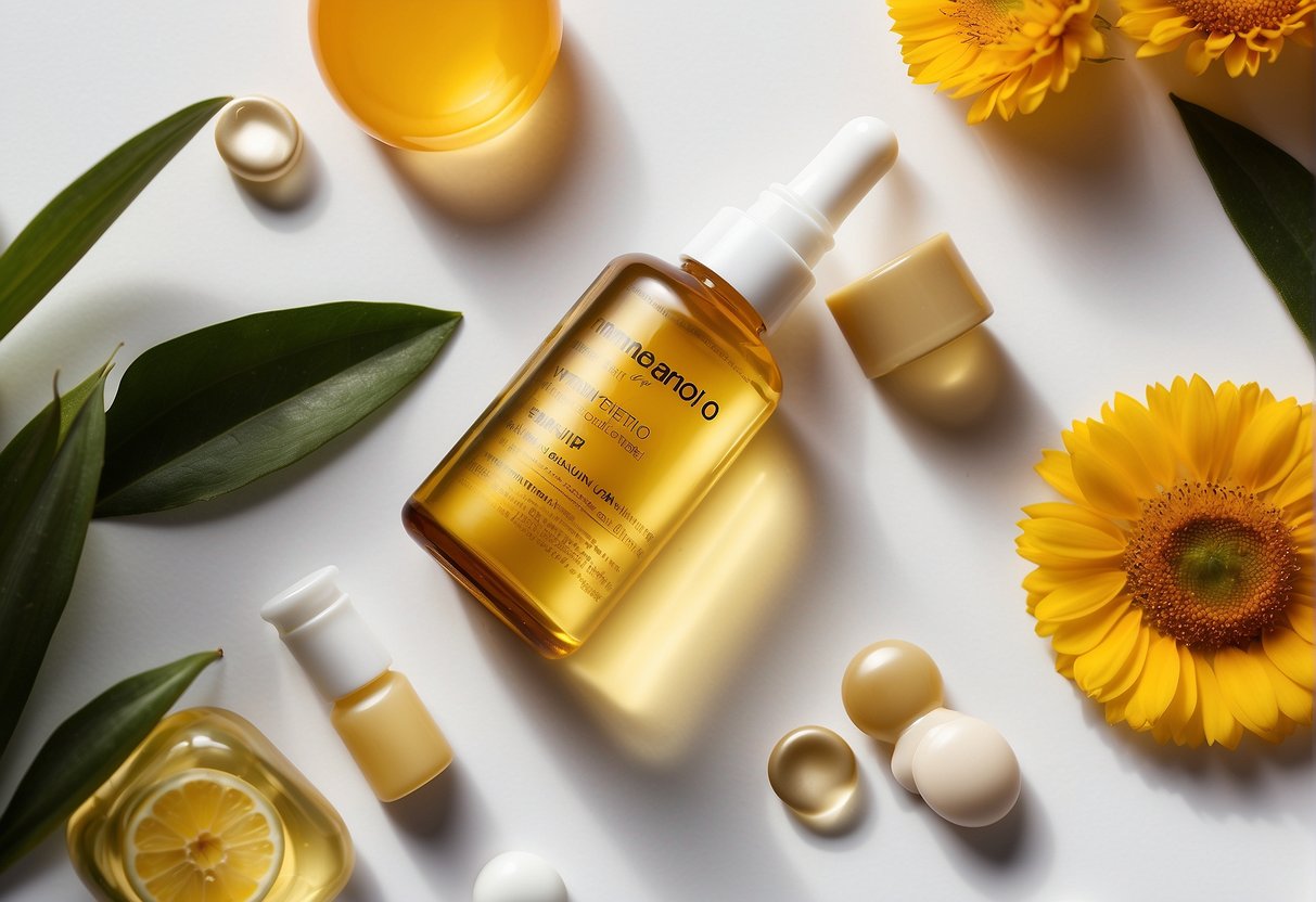 A bottle of vitamin E oil sits on a clean, white surface, surrounded by various skincare products. The label prominently displays "Vitamin E" in bold lettering